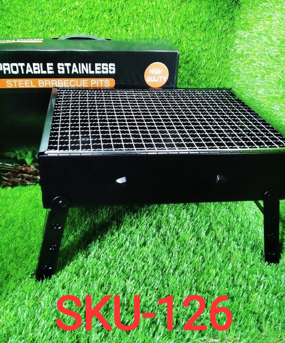 Black folding barbeque grill with side handles