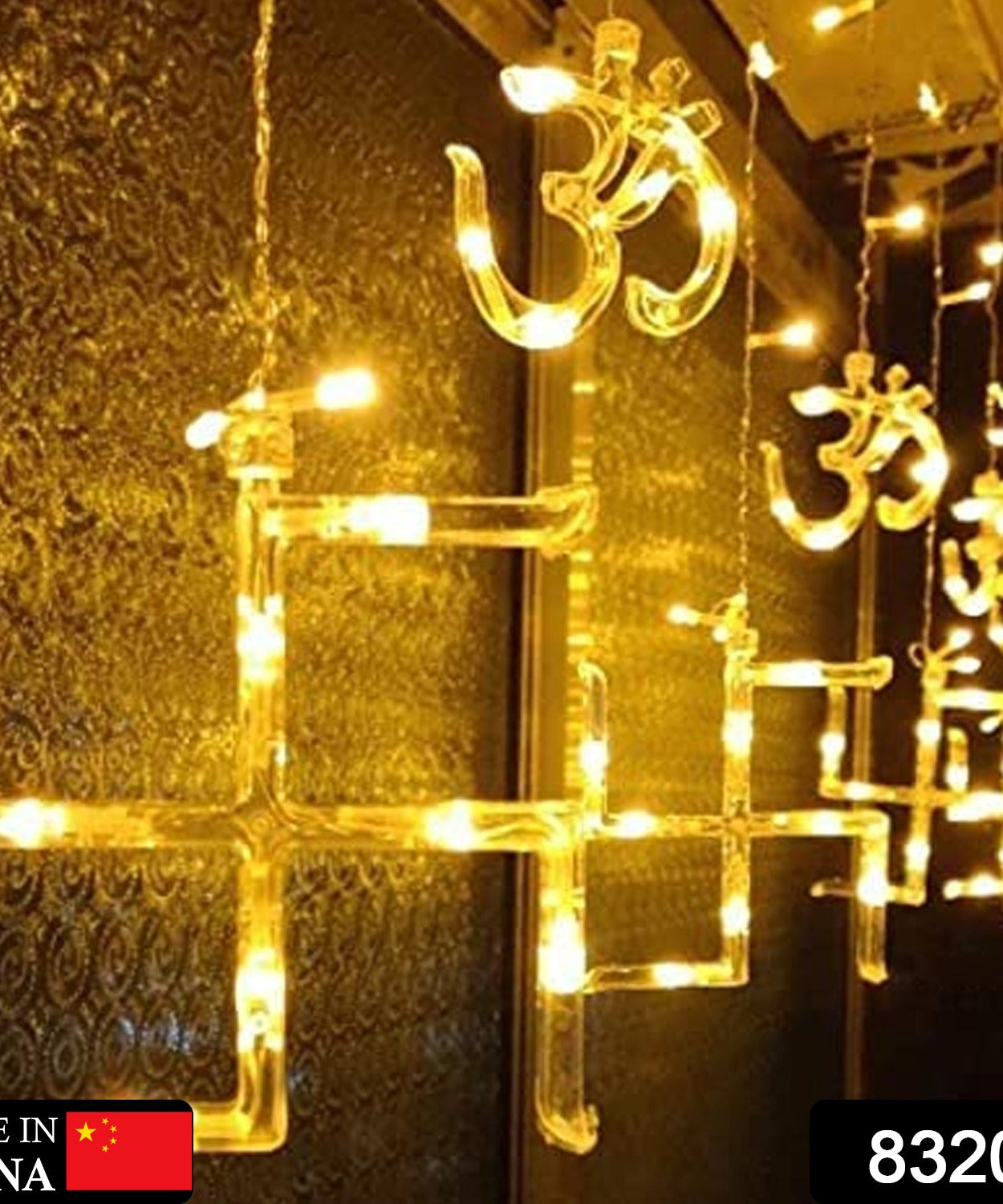decorative curtain lights featuring Om and Swastik symbols.