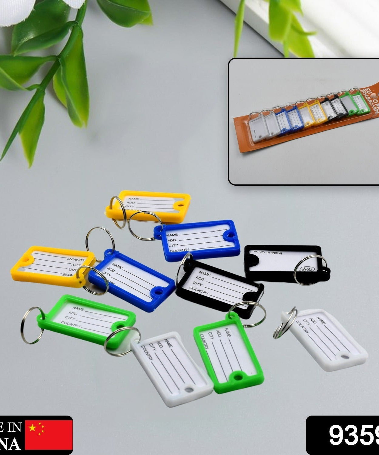 10-piece set of numbered key tags with plastic rings, includes keychain for backpack.