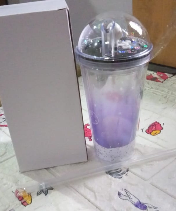 Insulated space-themed tumbler with LED light and straw