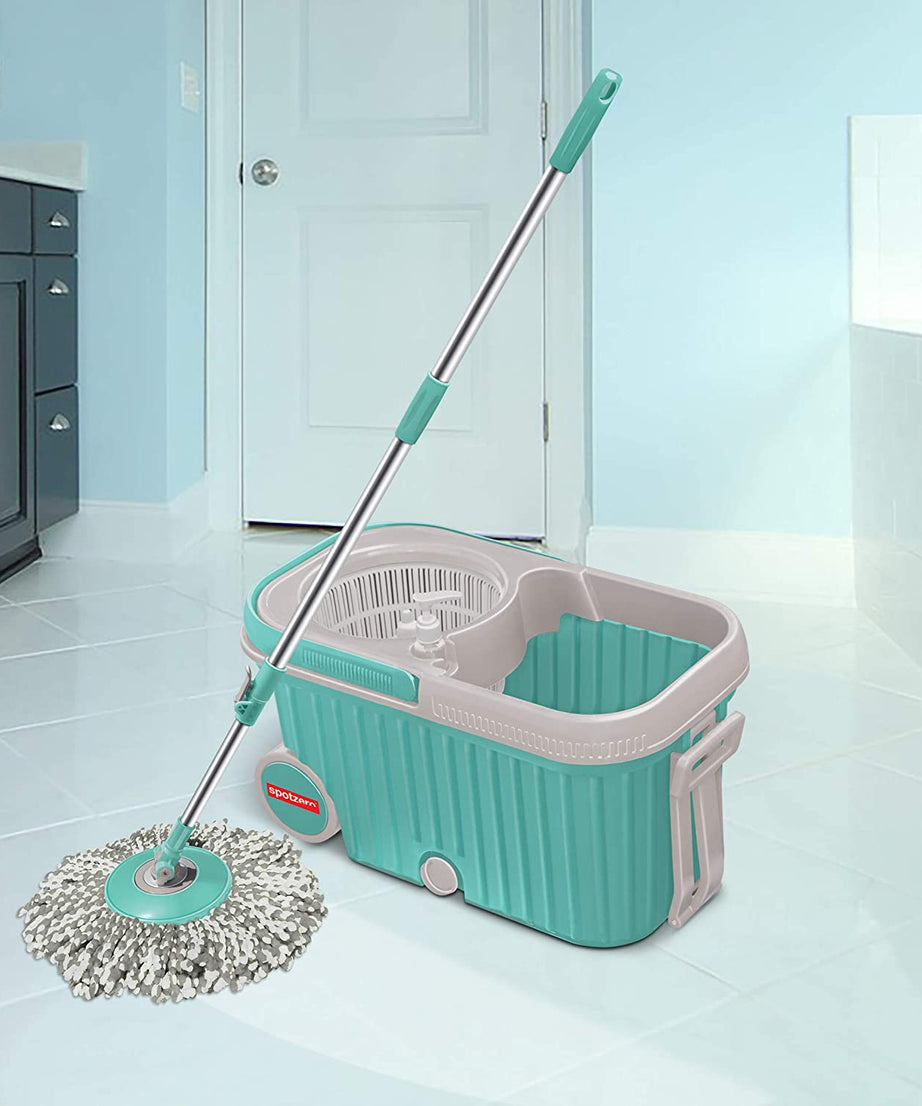 Spin mop with bigger wheels and plastic auto-fold handle, shown from various angles.
