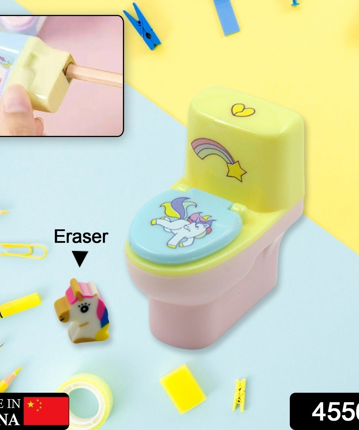 Cute toilet pencil sharpener with eraser, fun and functional