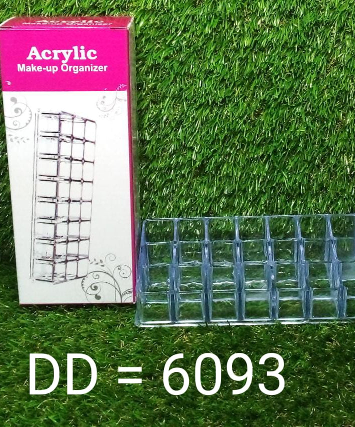 Multi-purpose acrylic stand for lipsticks and cosmetics, demonstrating its layout and storage capacity