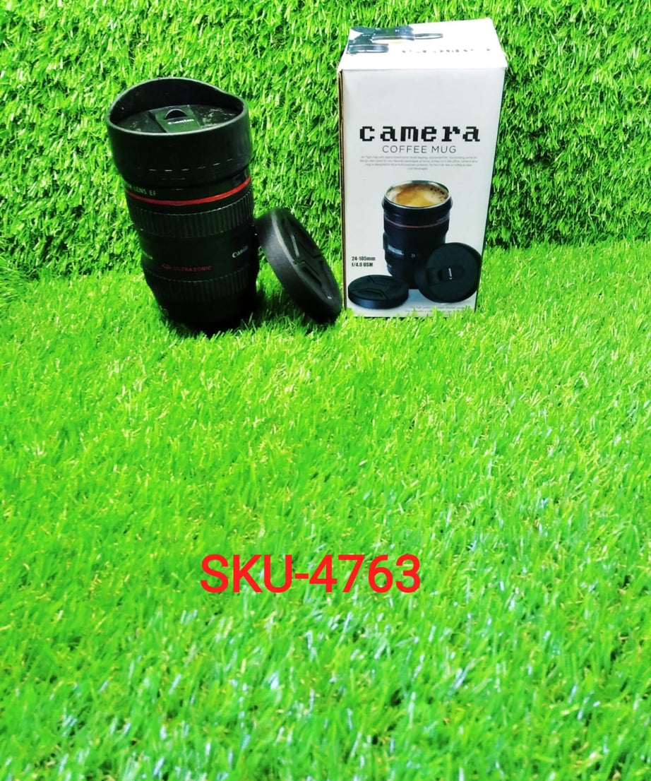 Coffee mug with a camera lens design in stainless steel, highlighting its unique and detailed look