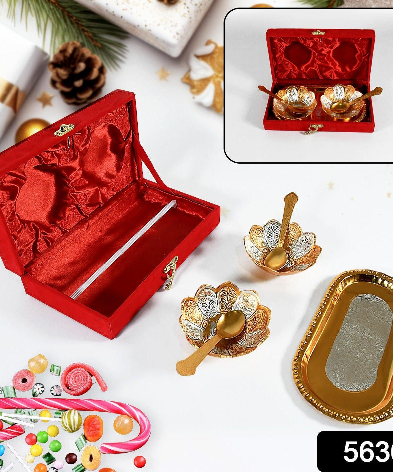 5in1 Gold Silver Plated 2 Bowl 2 Spoon Tray Set Brass with Red Velvet Gift Box Serving Dry Fruits Desserts Gift