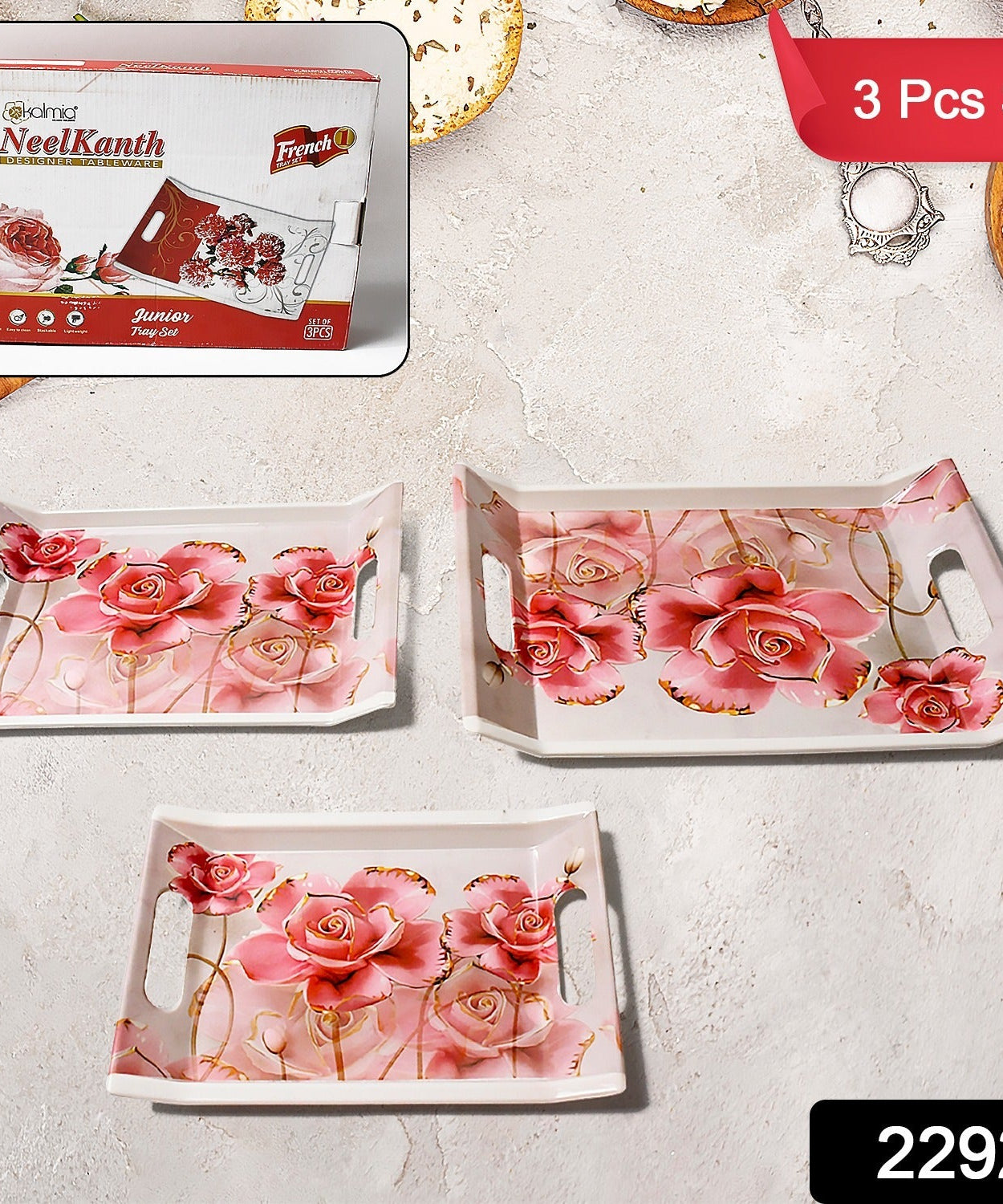 Plastic Rectangular Shape Flower Printed Design Serving Tray 3 pcs Home and Kitchen Use (3 pcs set)