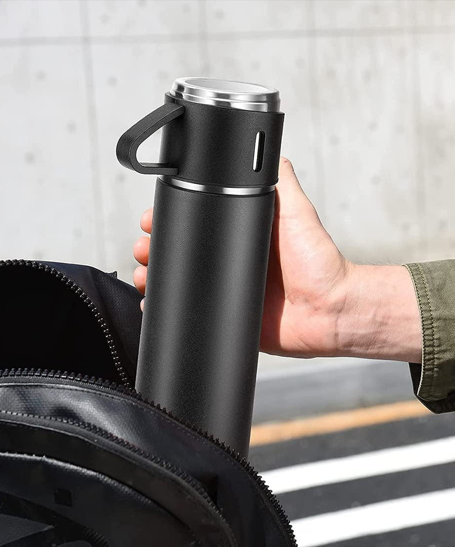 Stainless Steel Vacuum Flask Set with 3 Steel Cups Combo for Coffee Hot Drink and Cold Water Flask Ideal Gifting Travel Friendly Latest Flask Bottle. (500ml)