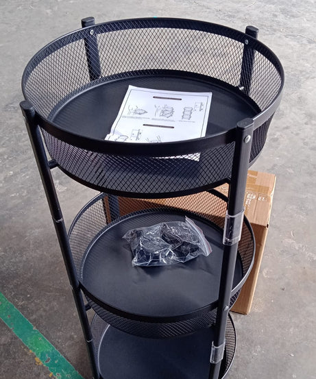 3-Layer Round Metal Mesh Utility Storage Trolley with Wheels