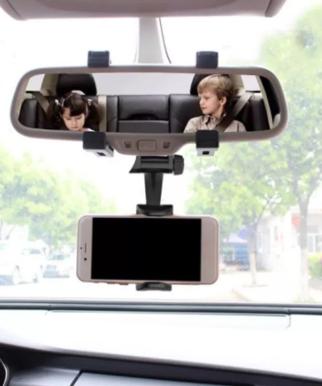 Rear view mirror mobile mount for secure phone placement in cars
