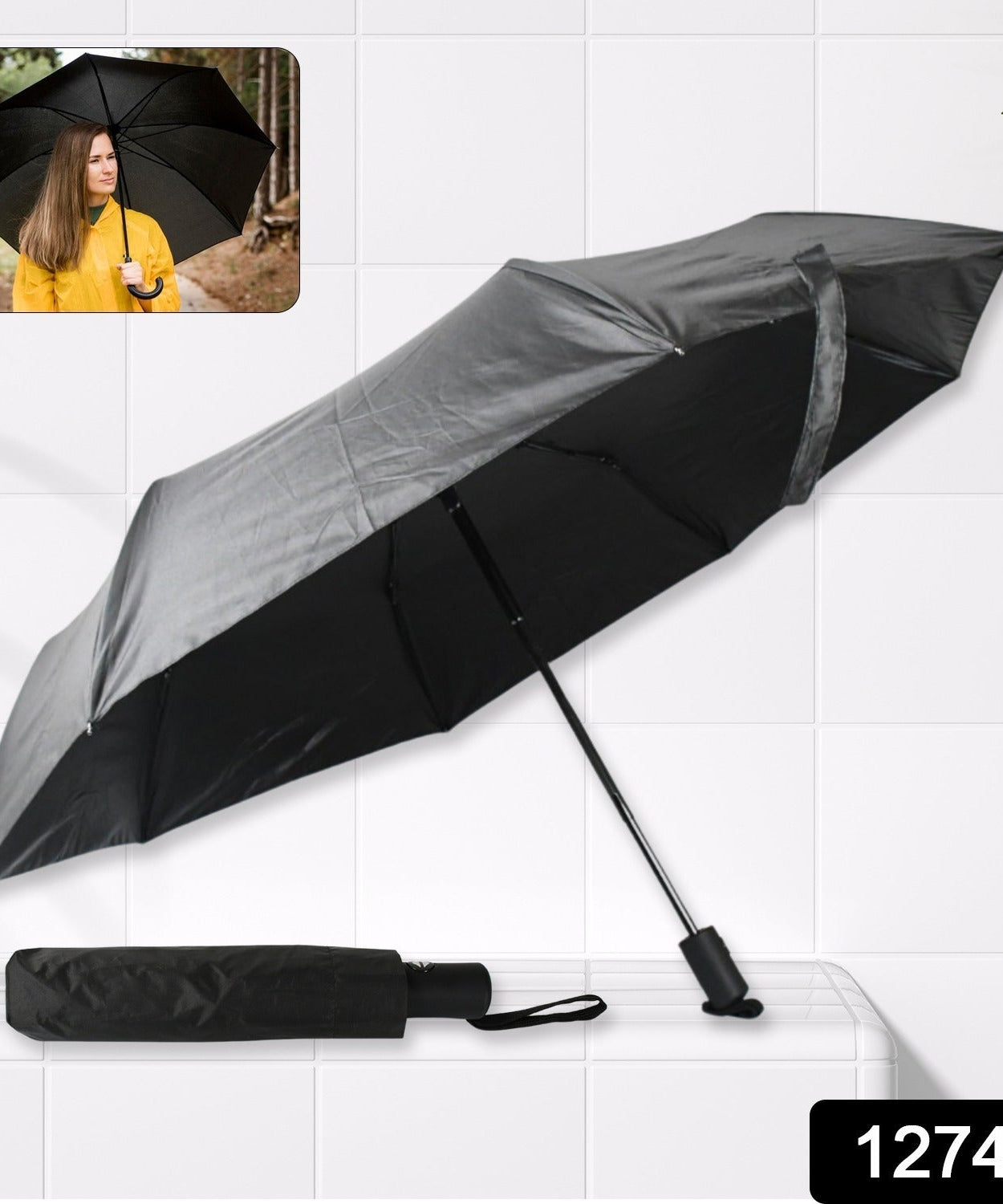 2 Fold Manual Umbrella – Wind, Sun & Rainproof with Steel Shaft & Wrist Strap