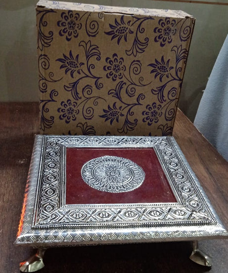 Silver - Square Pooja Chowki Patla / Bajot (20×20 CM / 1 Pc)