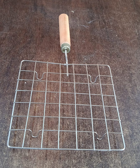 Stainless Steel Square Papad jali, Barbecue Grill Rack with Wooden Handle (1 Pc)