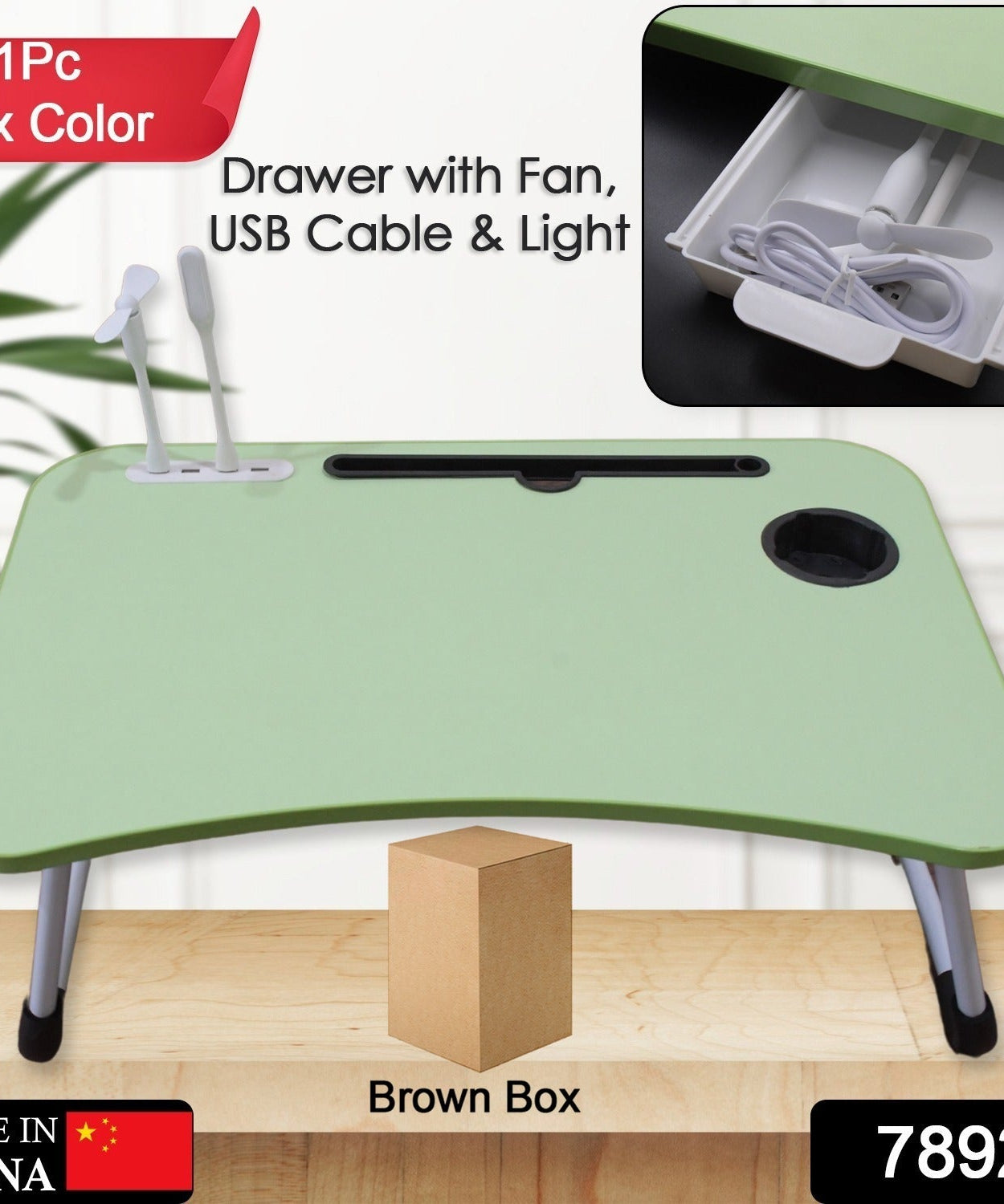 MultiPurpose Study Table Foldable Portable Notebook Bed Lap Desk Tray Stand Reading Holder with Coffee Cup Slot, Drawer, Fan, USB Cable & Light for Breakfast, Reading & Movie Watching (1 Pc Mix Color)