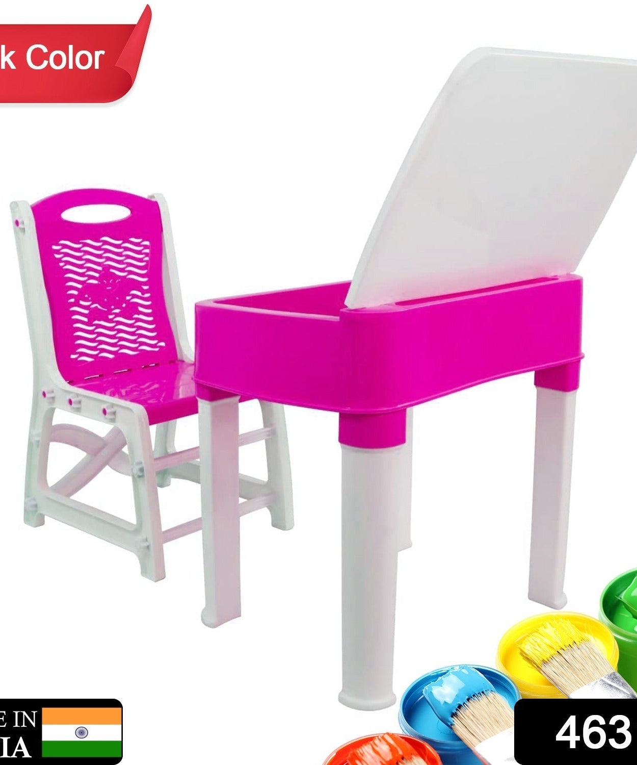High-quality plastic study table and chair set in pink, includes a small box for pencils.