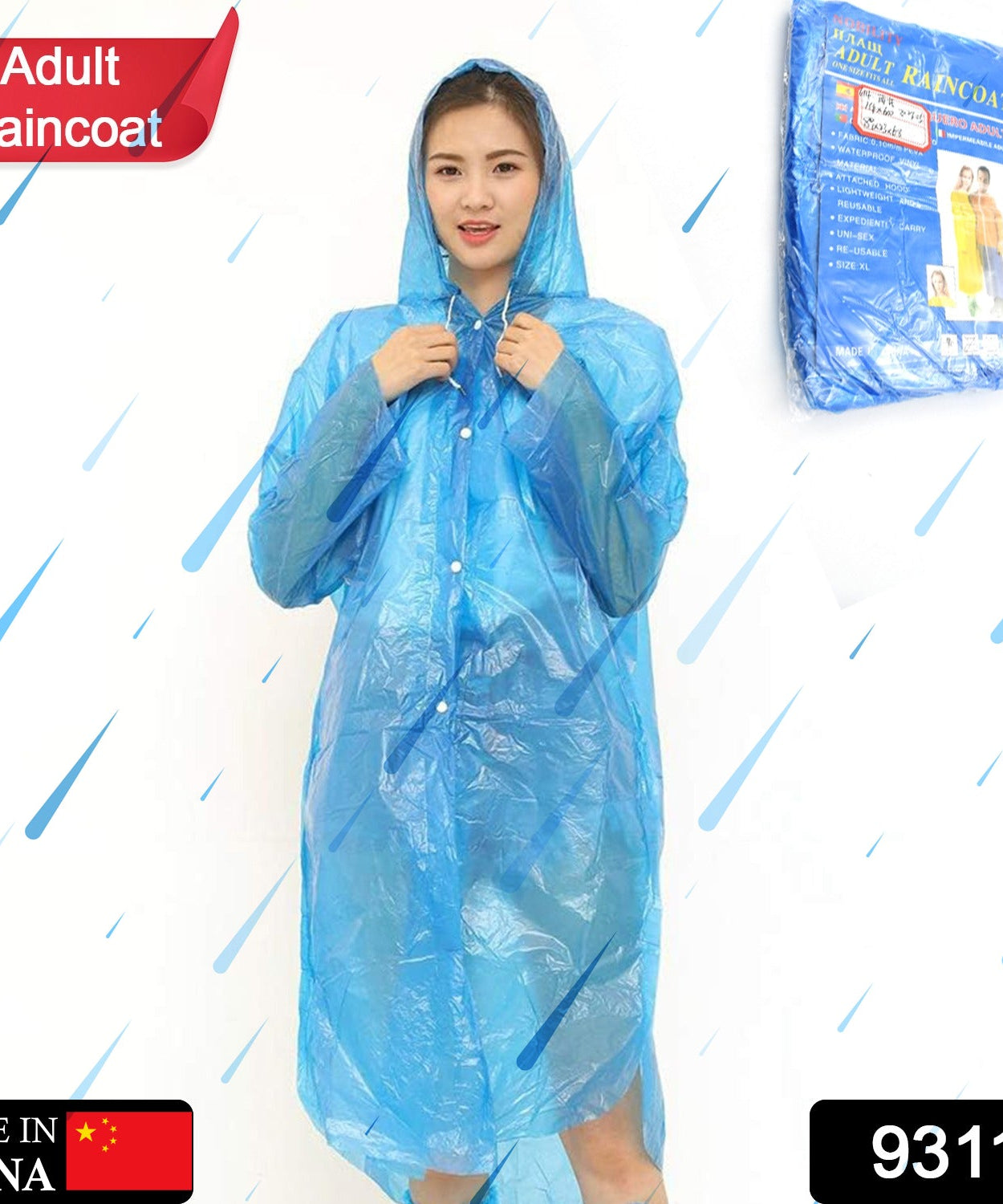 Portable raincoat for adults, waterproof and made from plastic material.