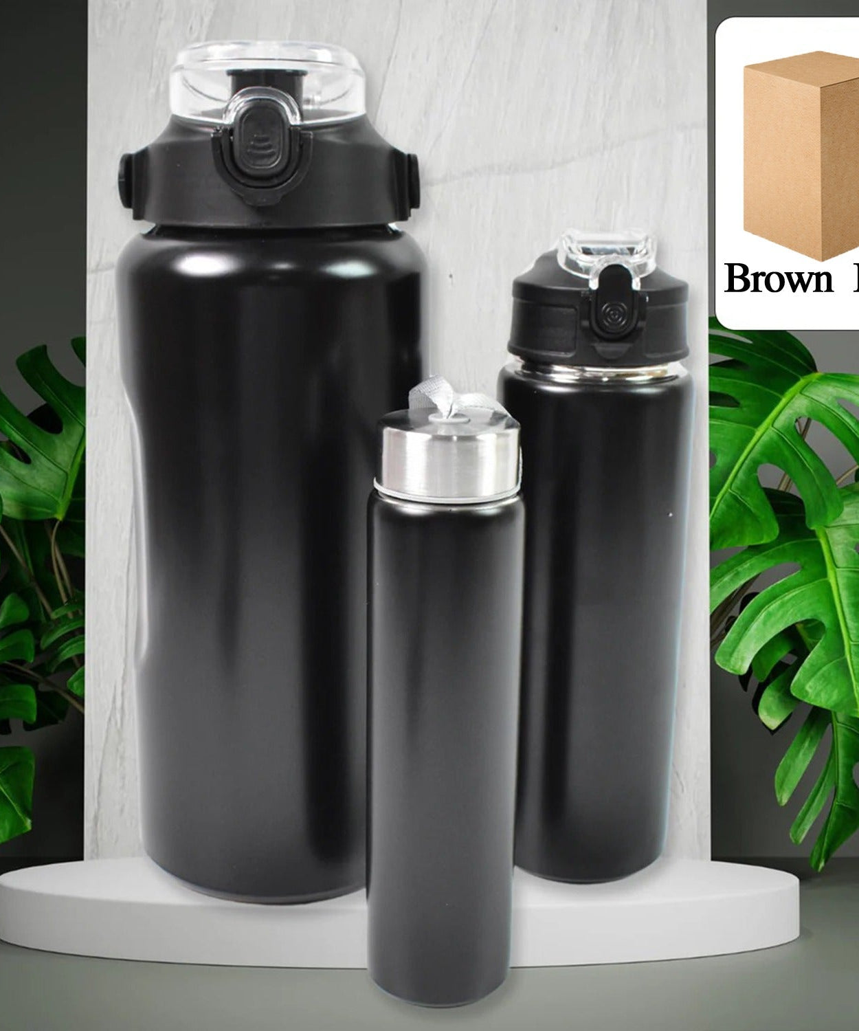 3 In 1 Stainless Steel Insulated Water Bottle, Double Wall Vacuum (3 Pcs Set / Different Size)
