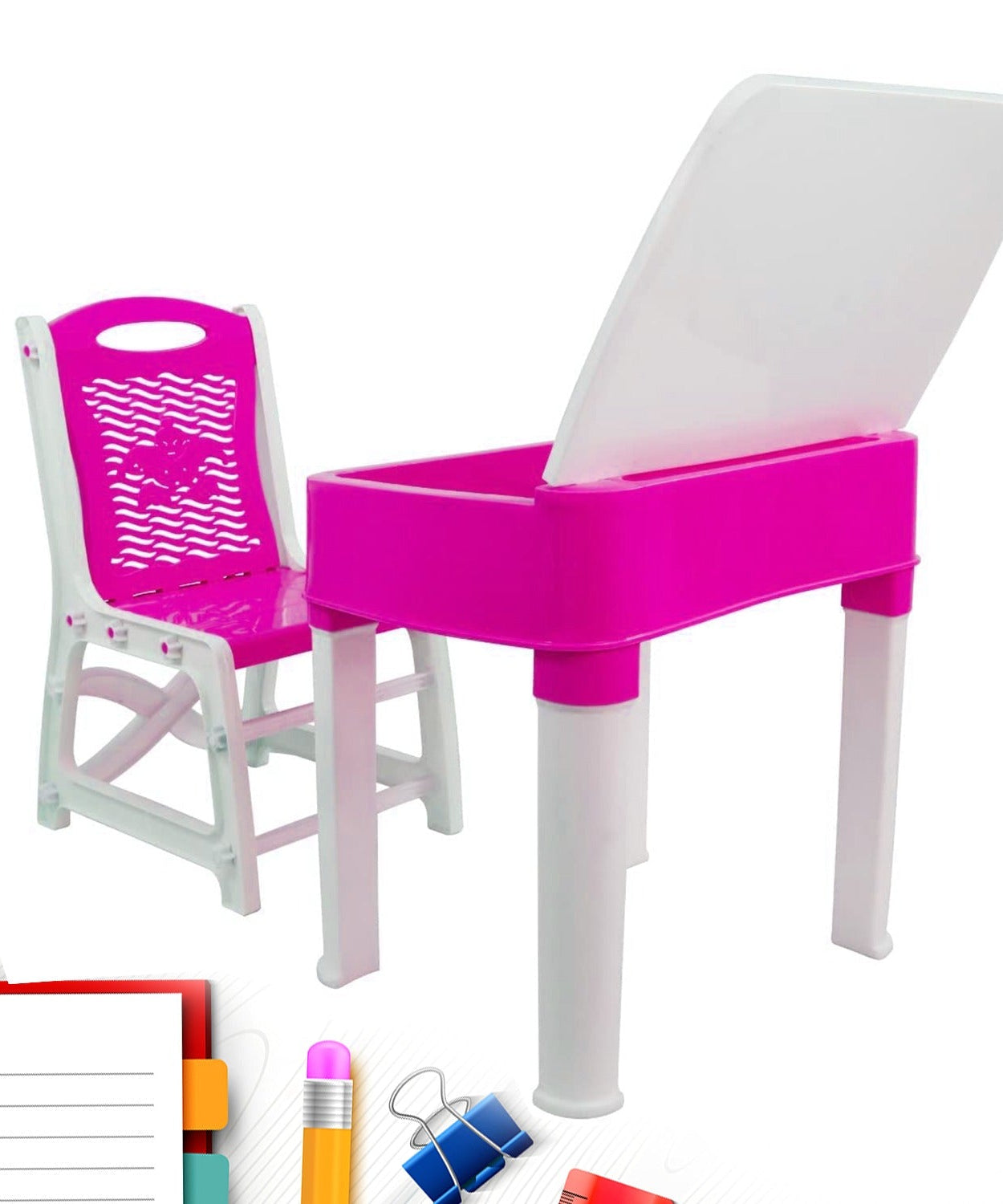 Pink study table and chair set with pencil box, high-quality plastic, designed for kids.