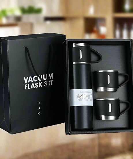 Stainless Steel Vacuum Flask Set with 3 Steel Cups Combo for Coffee Hot Drink and Cold Water Flask Ideal Gifting Travel Friendly Latest Flask Bottle. (500ml)