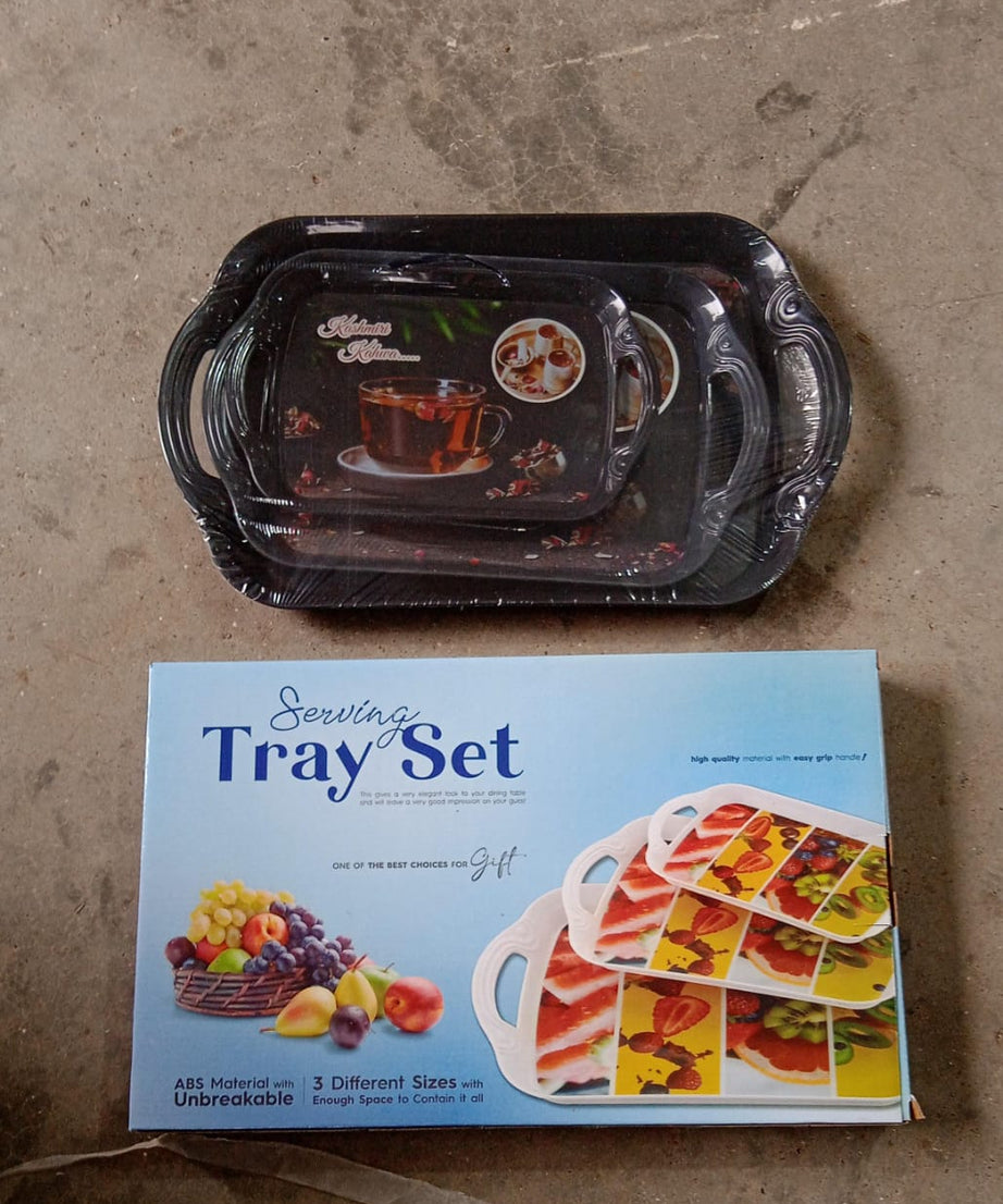 Elegant multicolour serving tray set, available in small, medium, and large sizes.