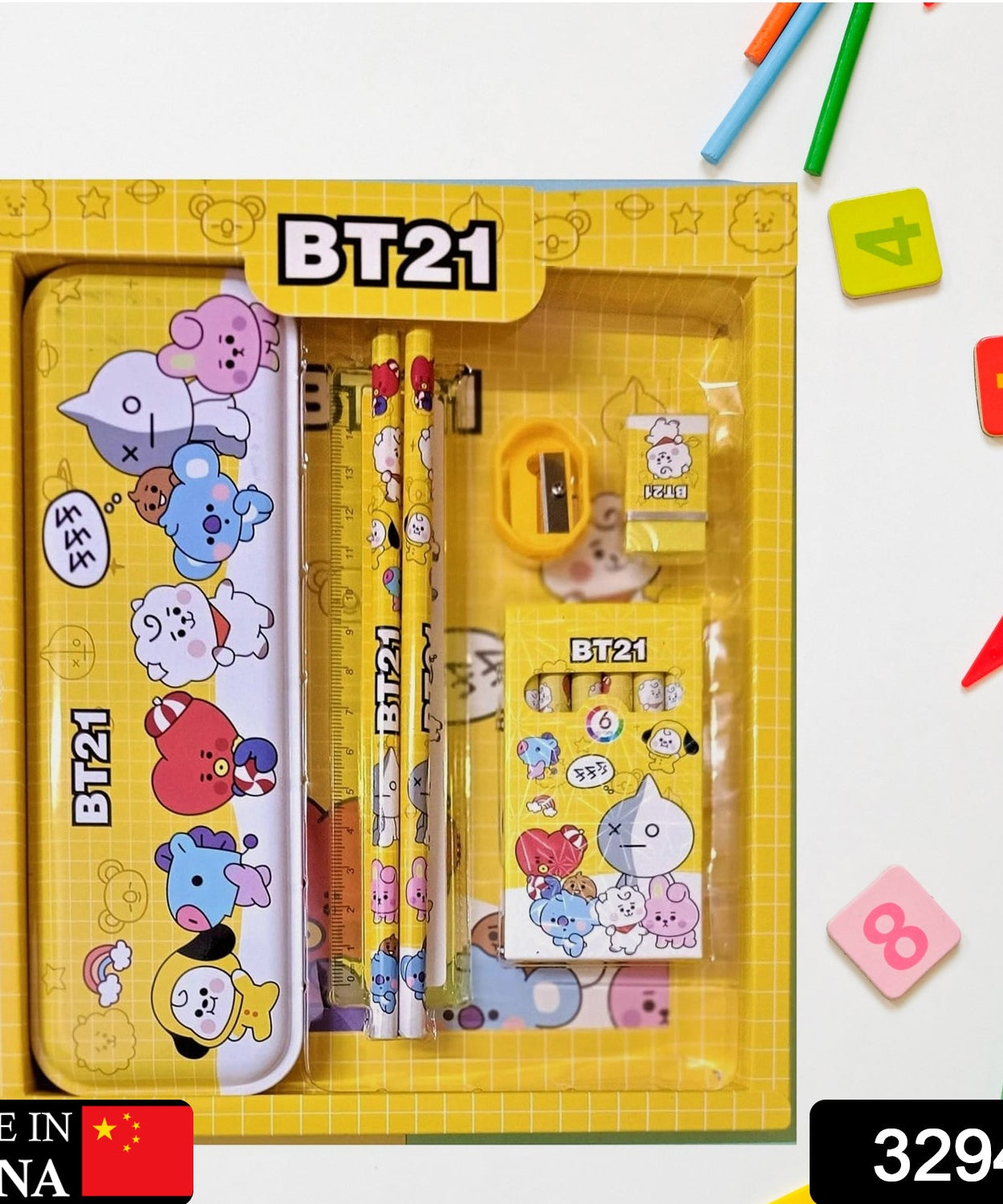 Kids' stationery set including metal pencil box and erasers, 12 pcs