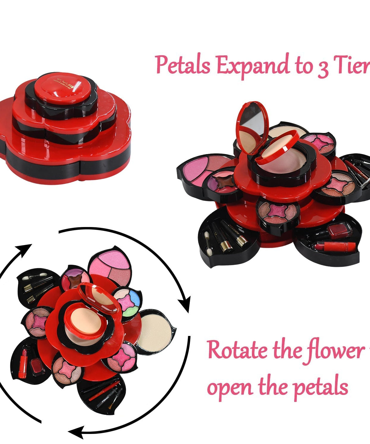 Makeup kit with three tiers and flower-themed design