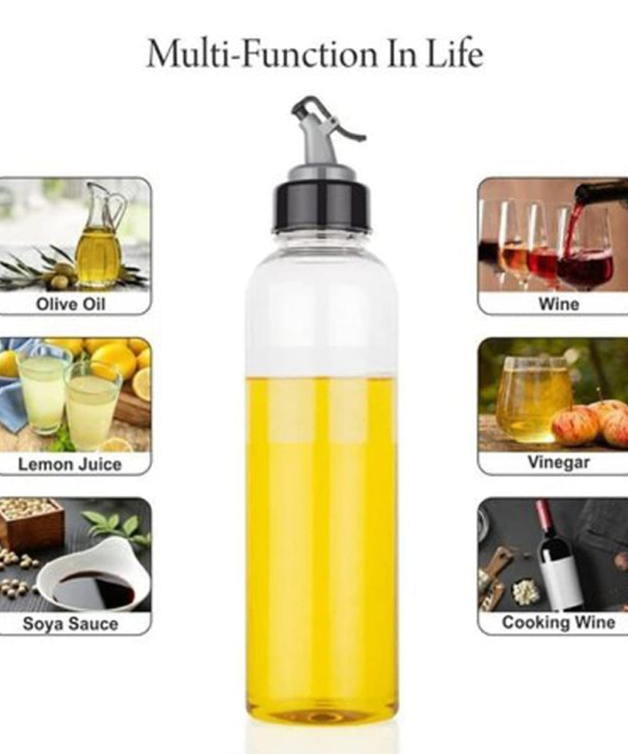 1-liter clear plastic oil dispenser with a drip-free spout for controlled pouring.