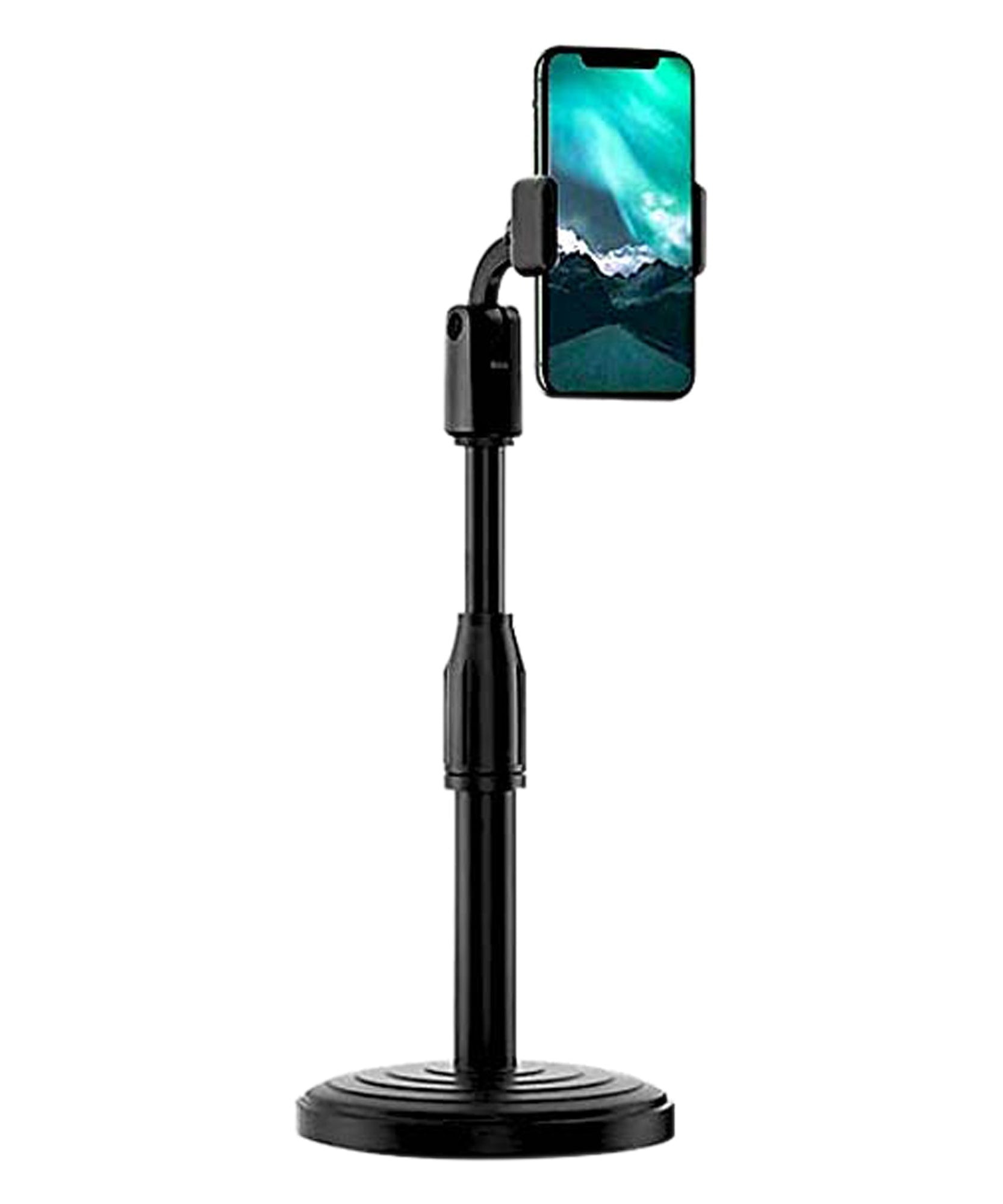 Height adjustable mobile stand for table, perfect for hands-free phone use on desktops.