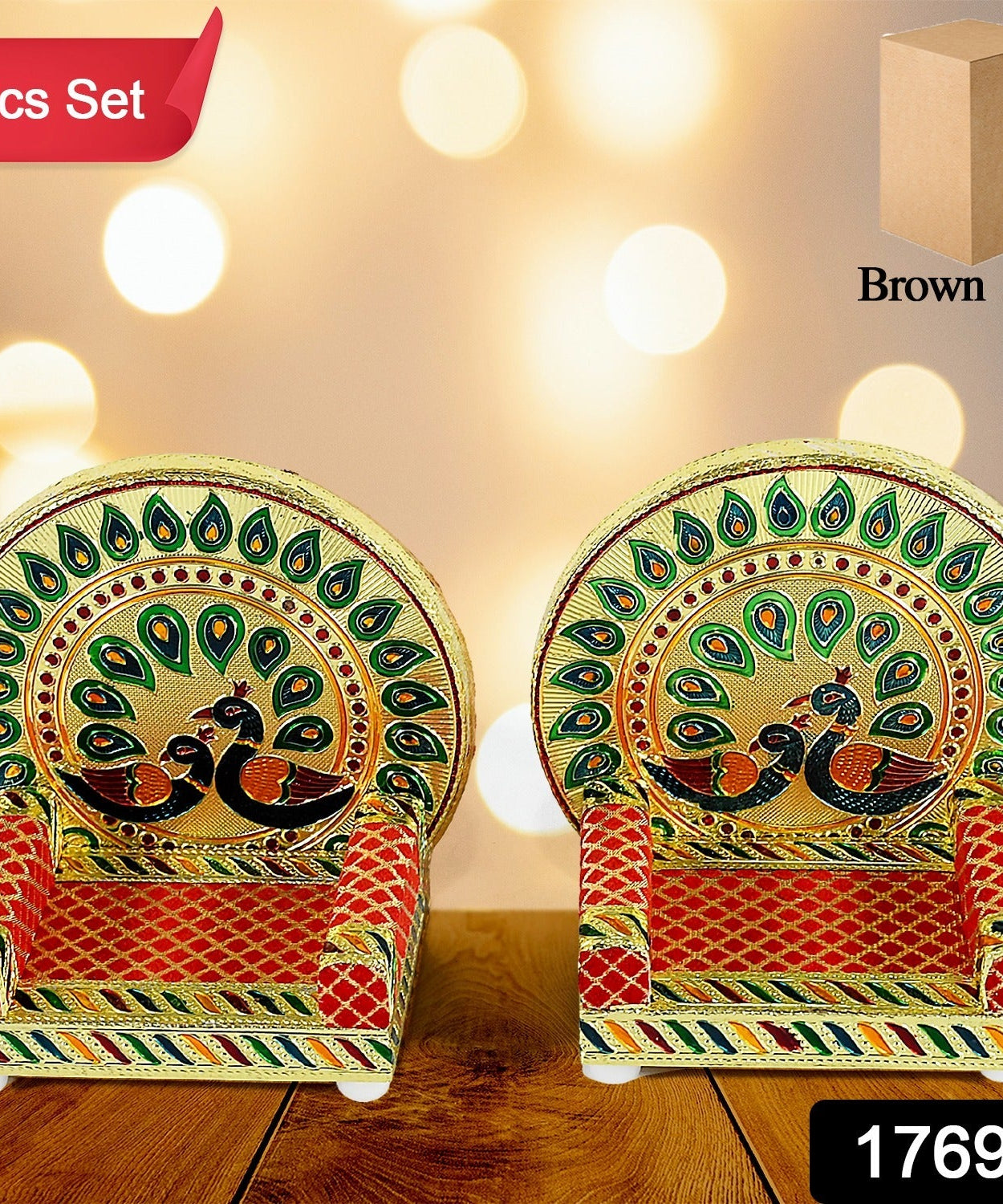 Meenakari Work Laddu Gopal Singhasan  / Sihasan for Pooja Mandir Wooden Krishna Ladoo Bal Gopal Sofa Asan, Home Decorative Premium Look Decorative Singhasan Suitable For Home, Office, Restaurant (2 Pc Set)