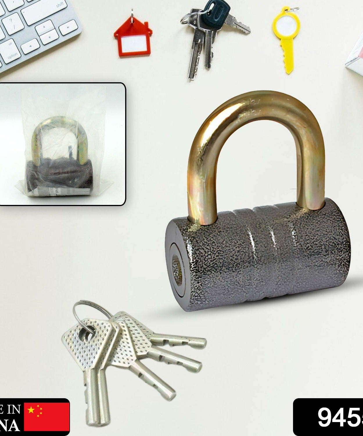 Heavy-Duty Iron Padlock – 82mm Black Spray Lock with Brass Core & 5 Keys, Waterproof & Anti-Theft