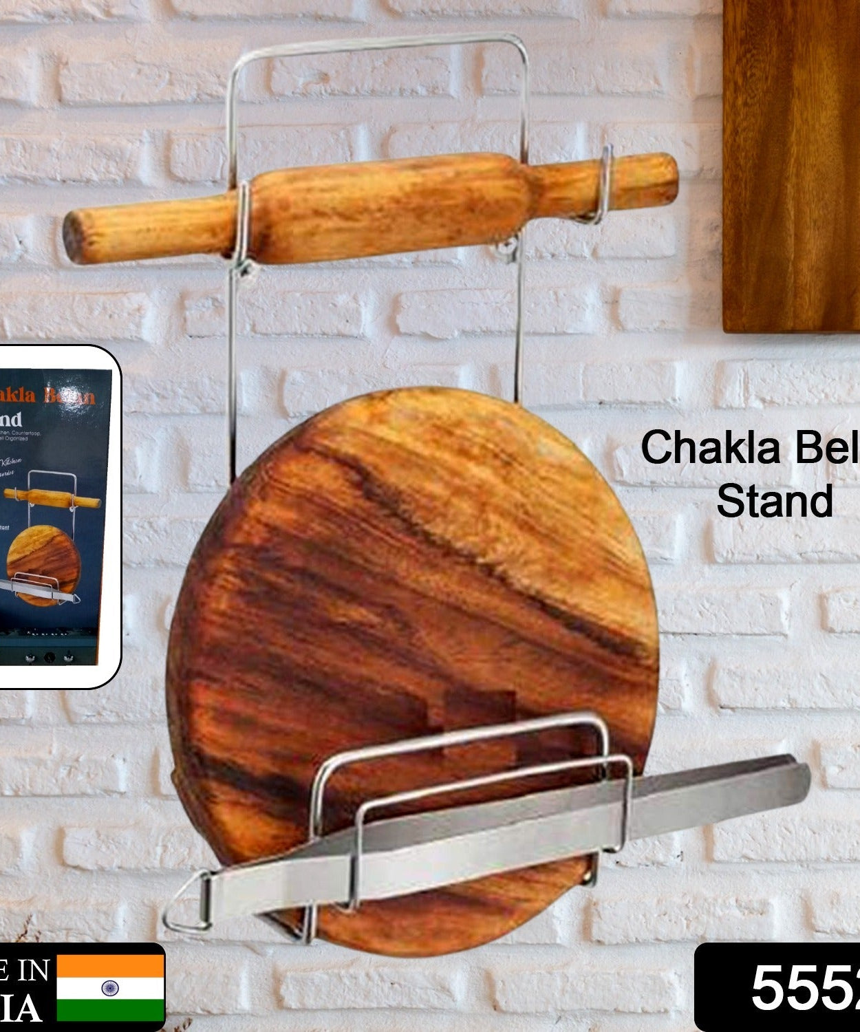 Chakla Belan Chimta Stand Rolling Pin Board Tong Holder Silver Stainless Steel Multi-Purpose Rack for Kitchen (1 Pc )