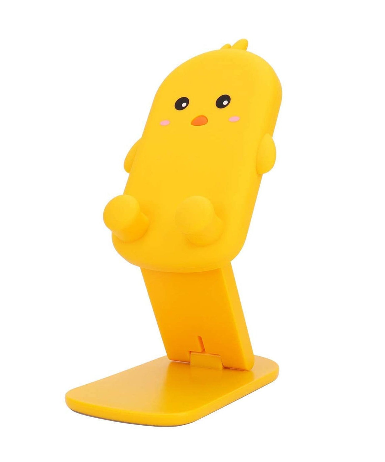 Mobile stand with a cute cartoon design, showcasing its adjustable angles and foldable feature