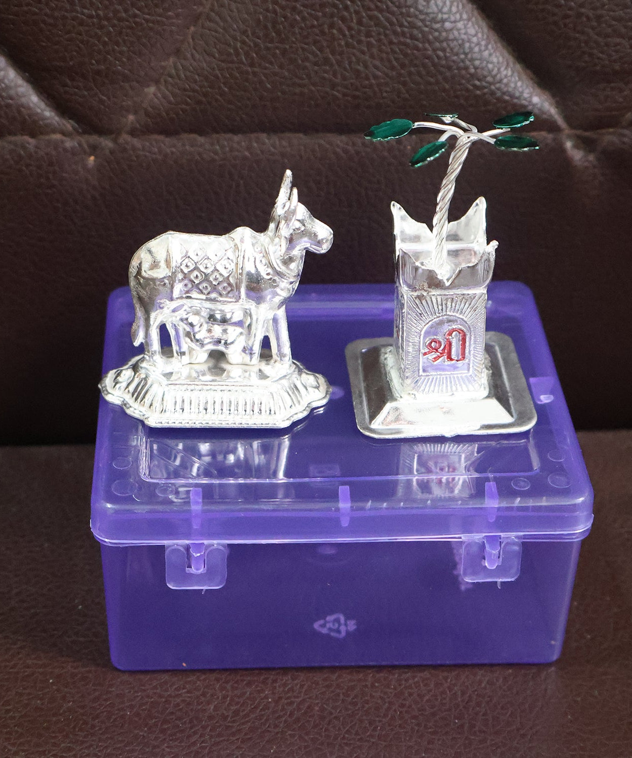 Silver-Plated Kamdhenu Cow & Tulsi Plant Pair – Pooja & Home Décor
