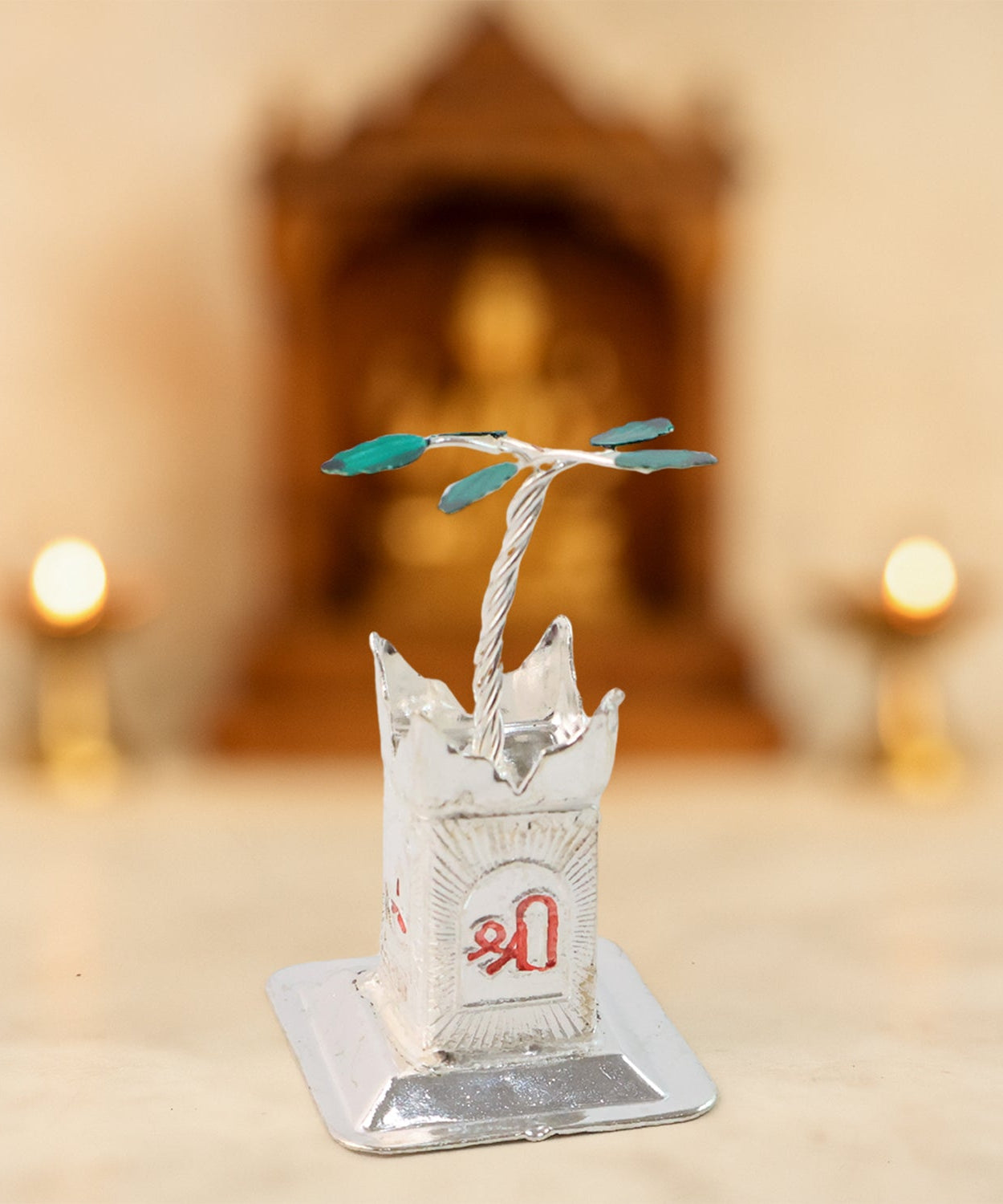 Silver-Plated Kamdhenu Cow & Tulsi Plant Pair – Pooja & Home Décor