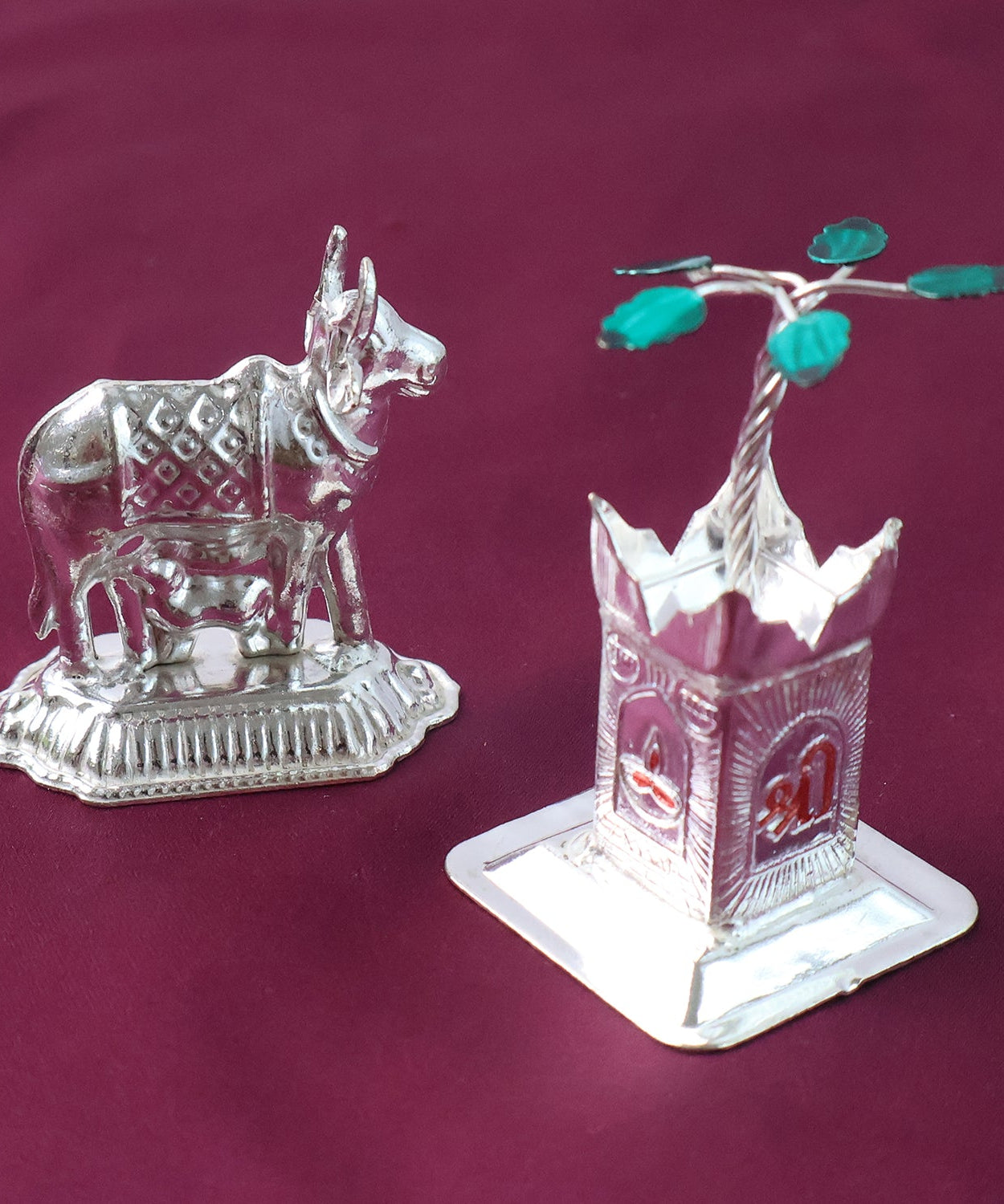 Silver-Plated Kamdhenu Cow & Tulsi Plant Pair – Pooja & Home Décor