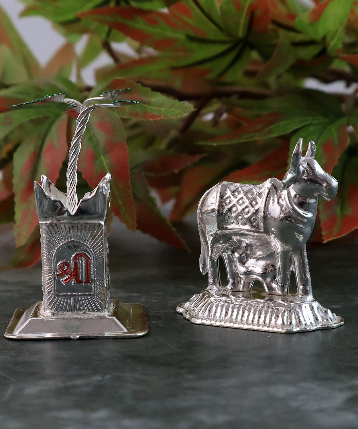 Silver-Plated Kamdhenu Cow & Tulsi Plant Pair – Pooja & Home Décor