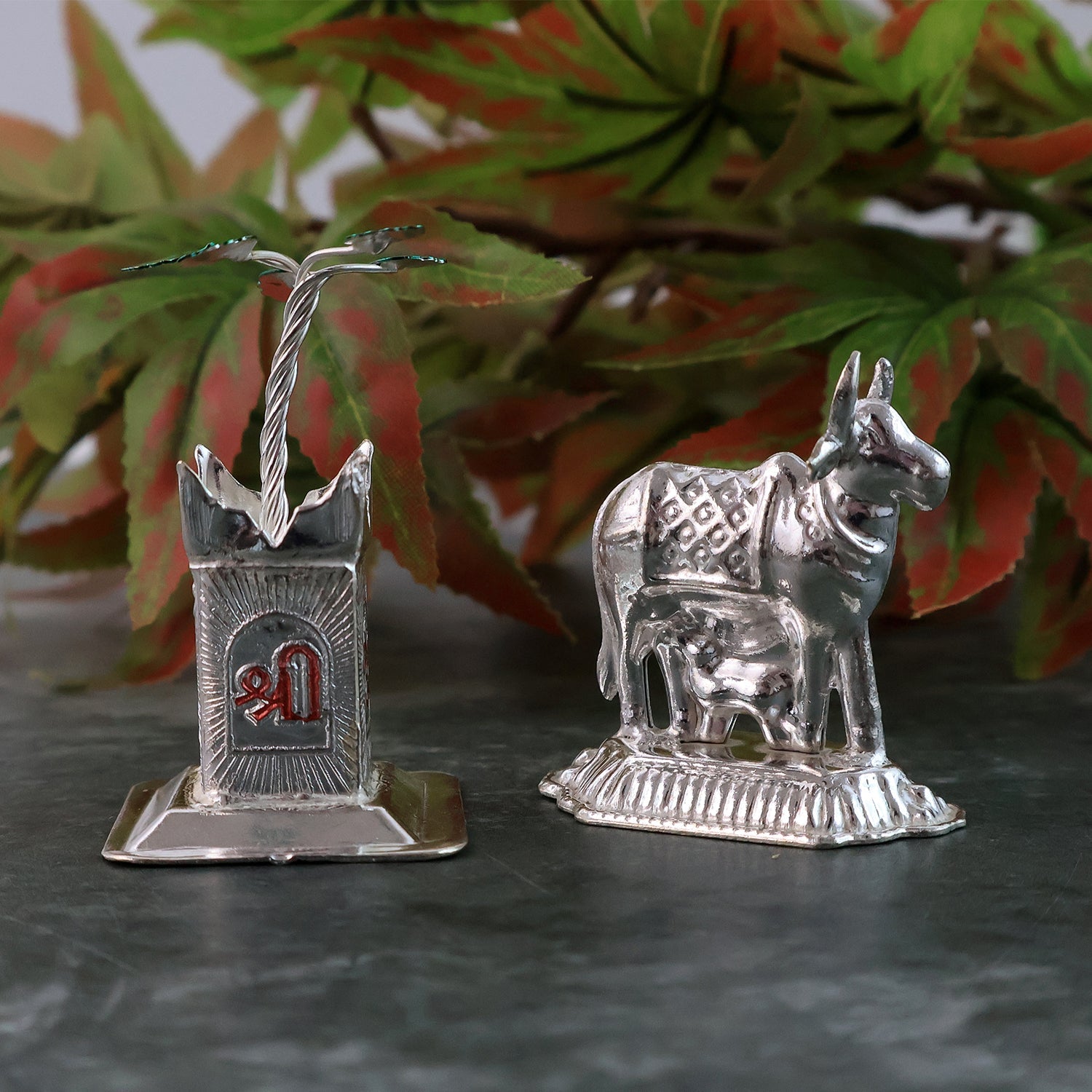 Silver-Plated Kamdhenu Cow & Tulsi Plant Pair – Pooja & Home Décor