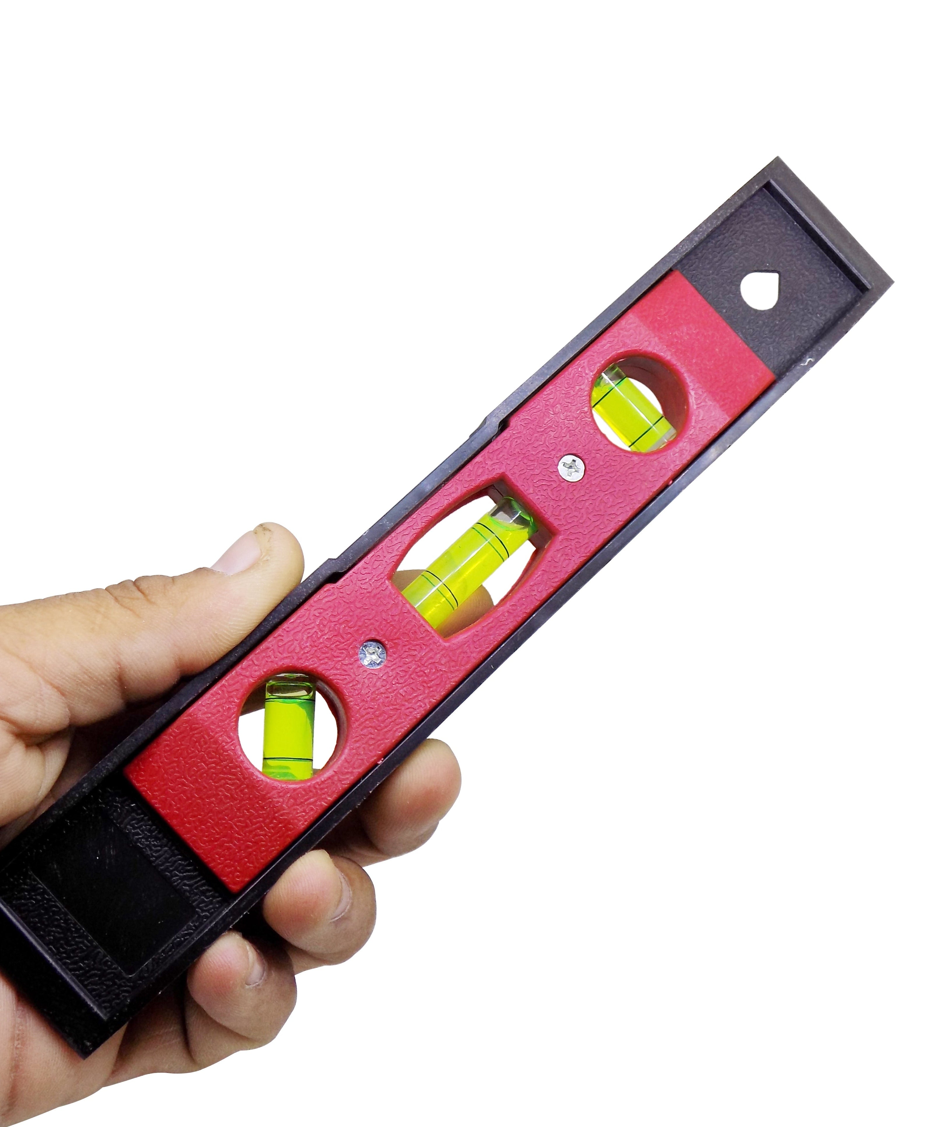Small torpedo level with three bubble vials for accurate measurements.
