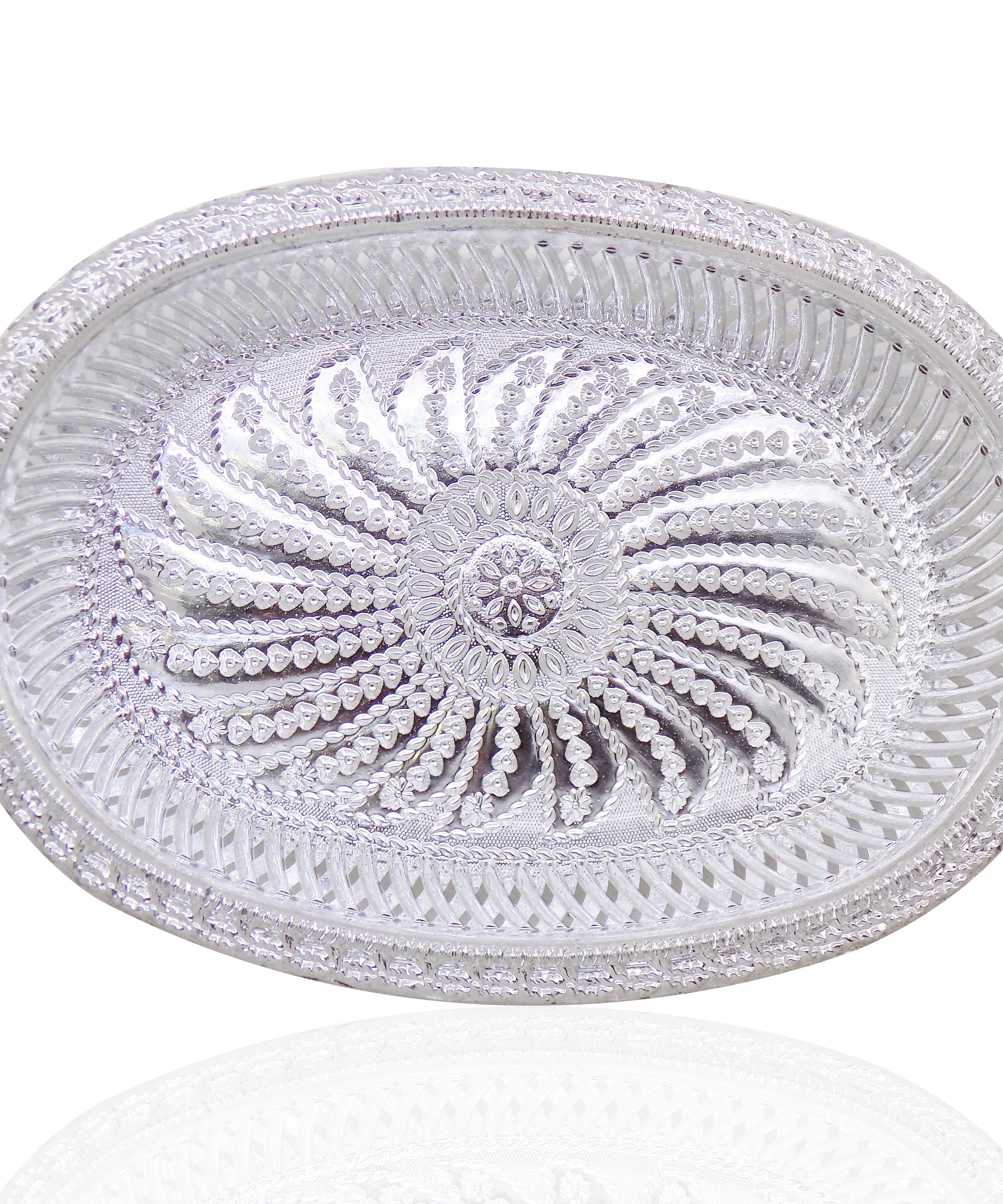 Oval silver serving tray with royal design for upscale presentation.