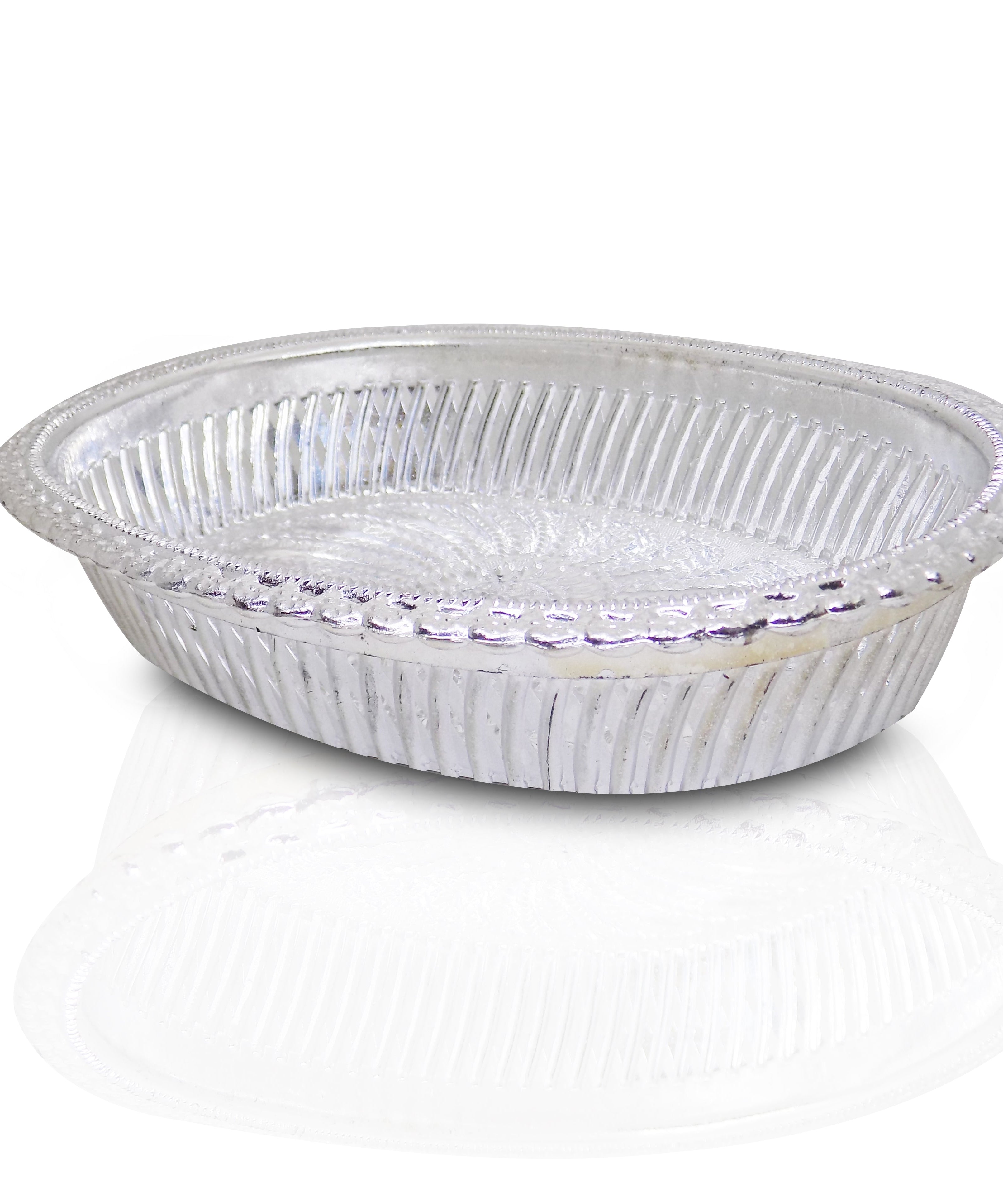 Silver gift tray with an ornate royal design, oval shape.