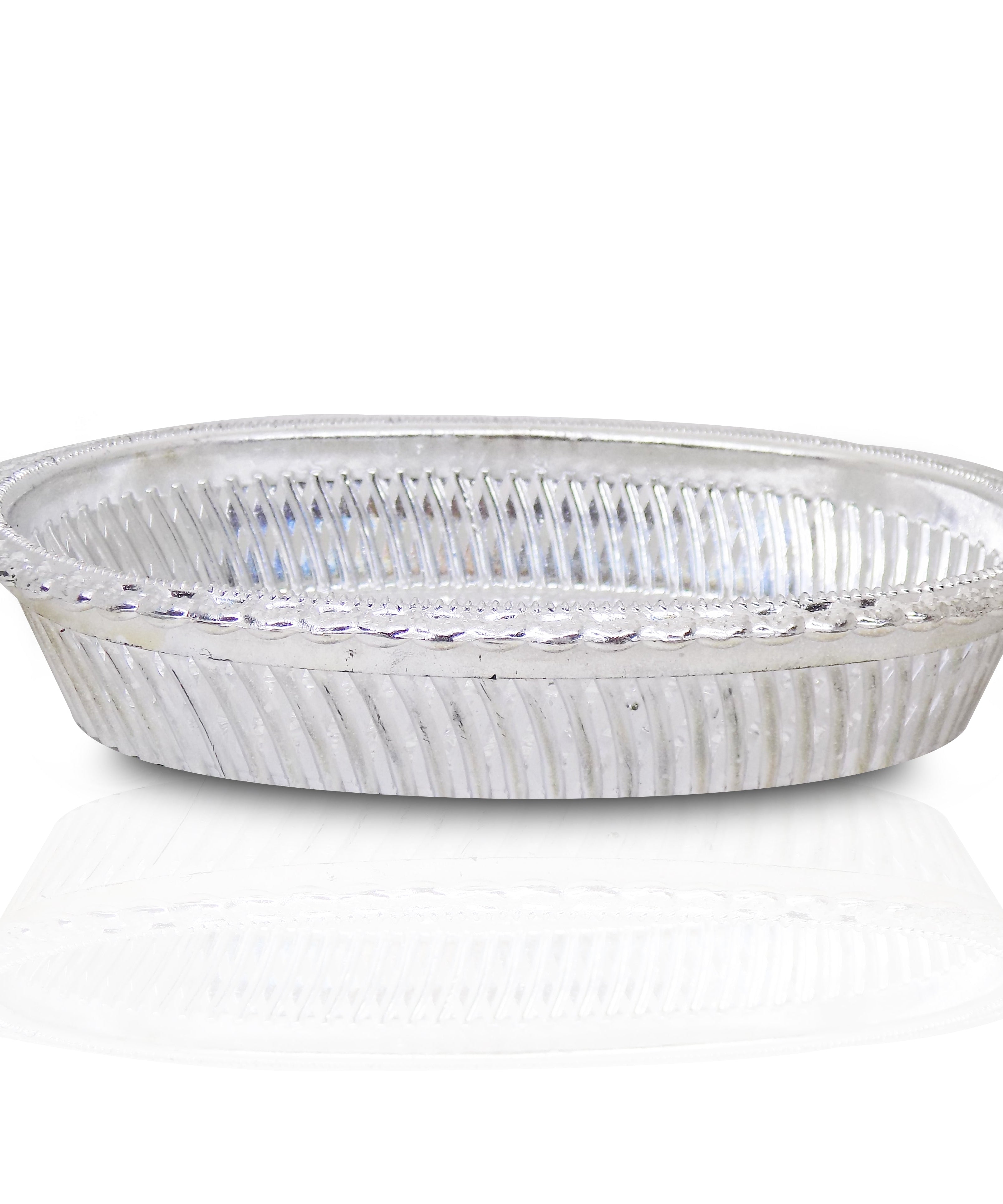 Elegant oval silver tray with royal design for gifts and serving.