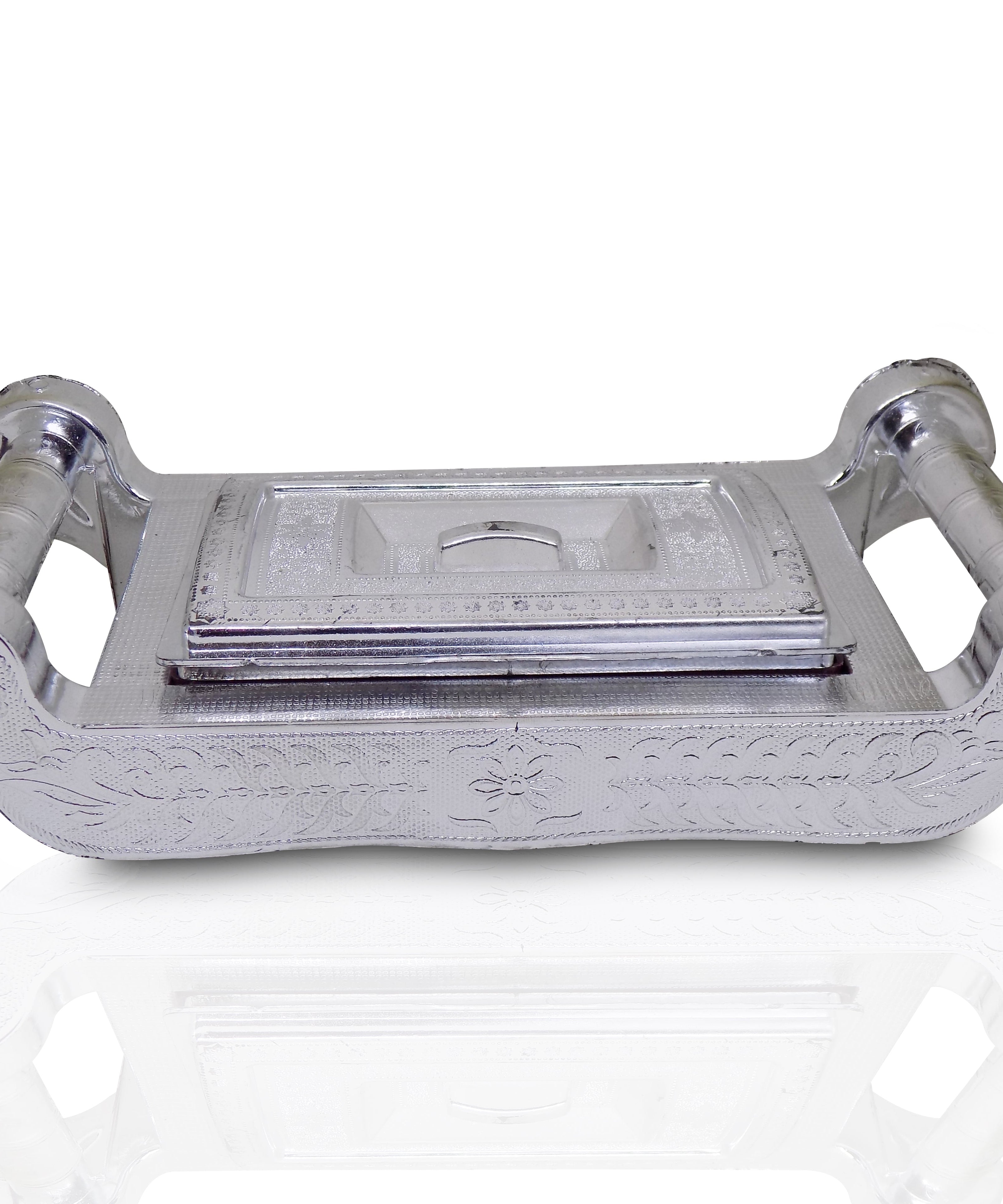 Elegant silver storage box with four sections for gifts and storage.