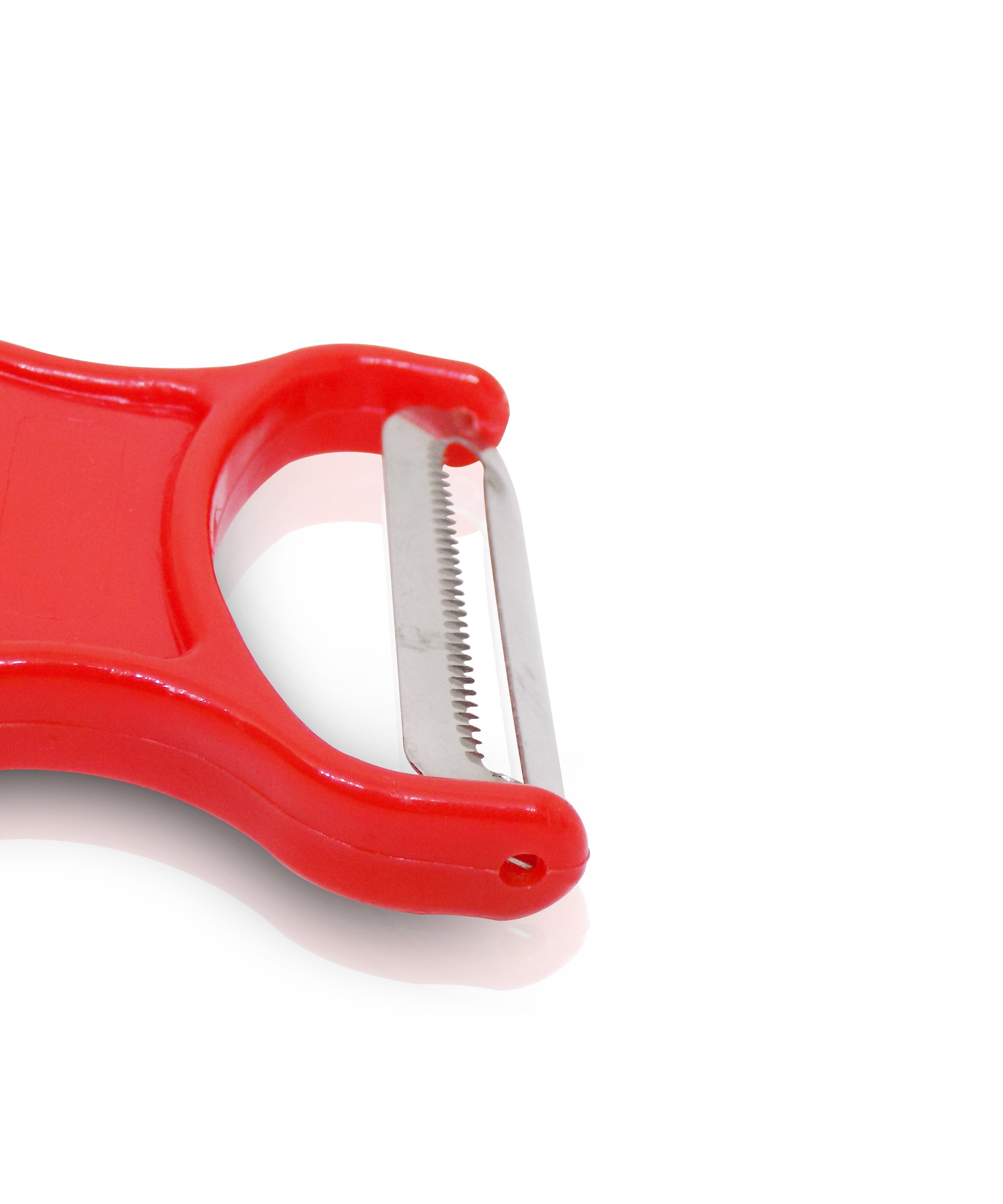 Multi-functional kitchen tool for peeling, slicing, grating, and cutting.