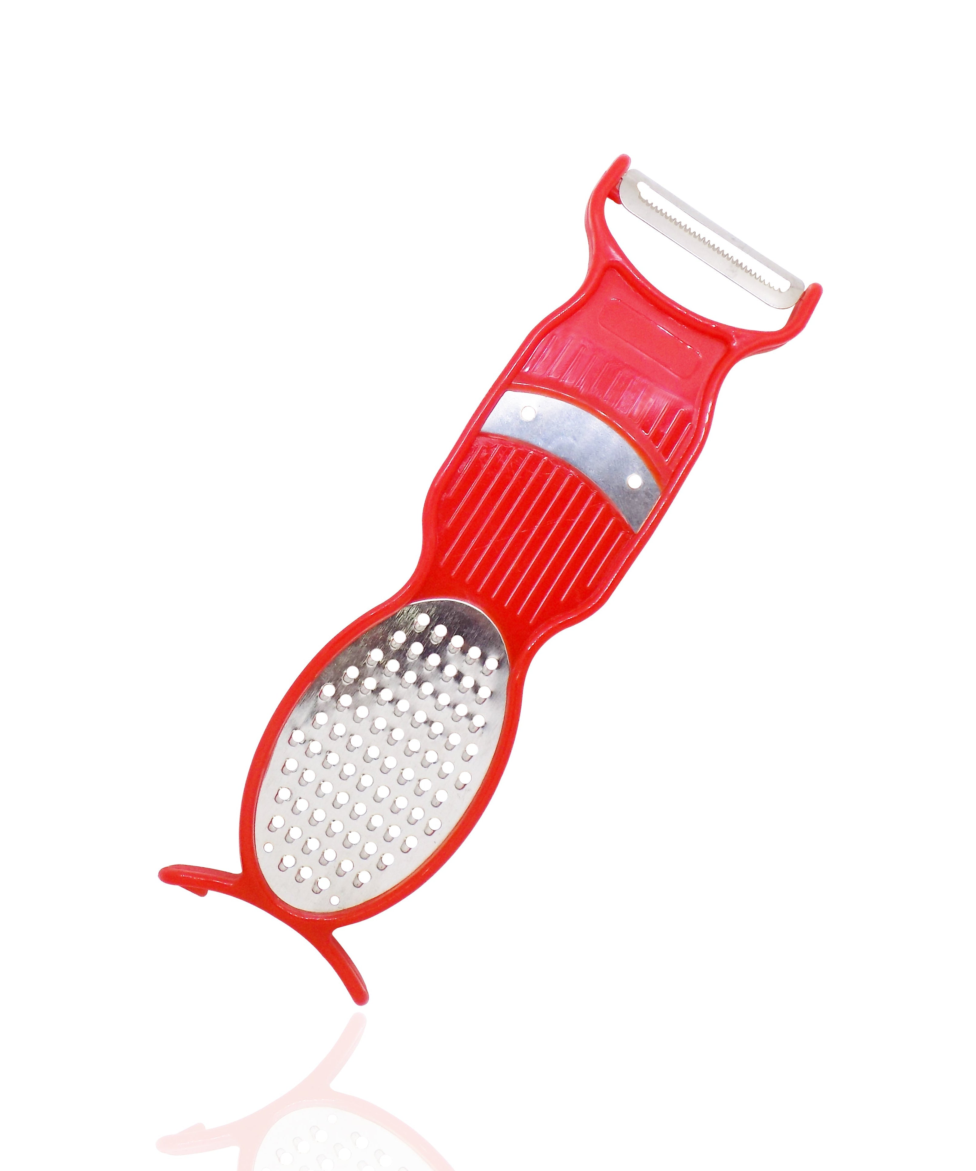 Multi-purpose vegetable peeler and grater for kitchen use.