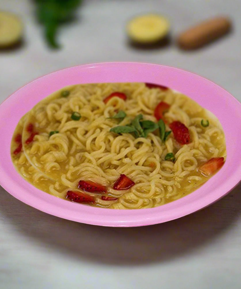 Round mini soup plates arranged on a surface.