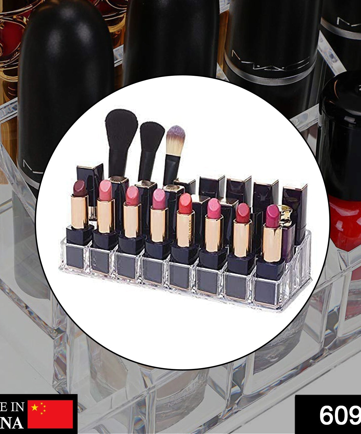 Close-up of the 24-section acrylic cosmetics stand, highlighting the individual compartments