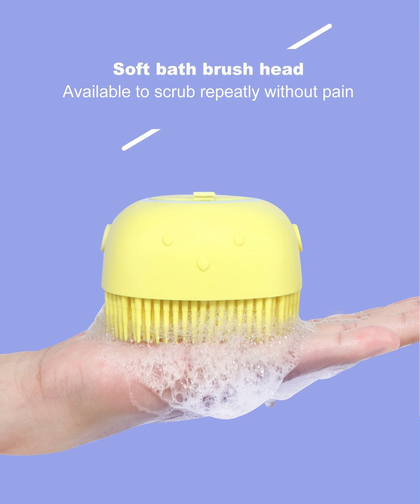 Close-up of silicone massage bristles on bath body brush with shampoo holder.