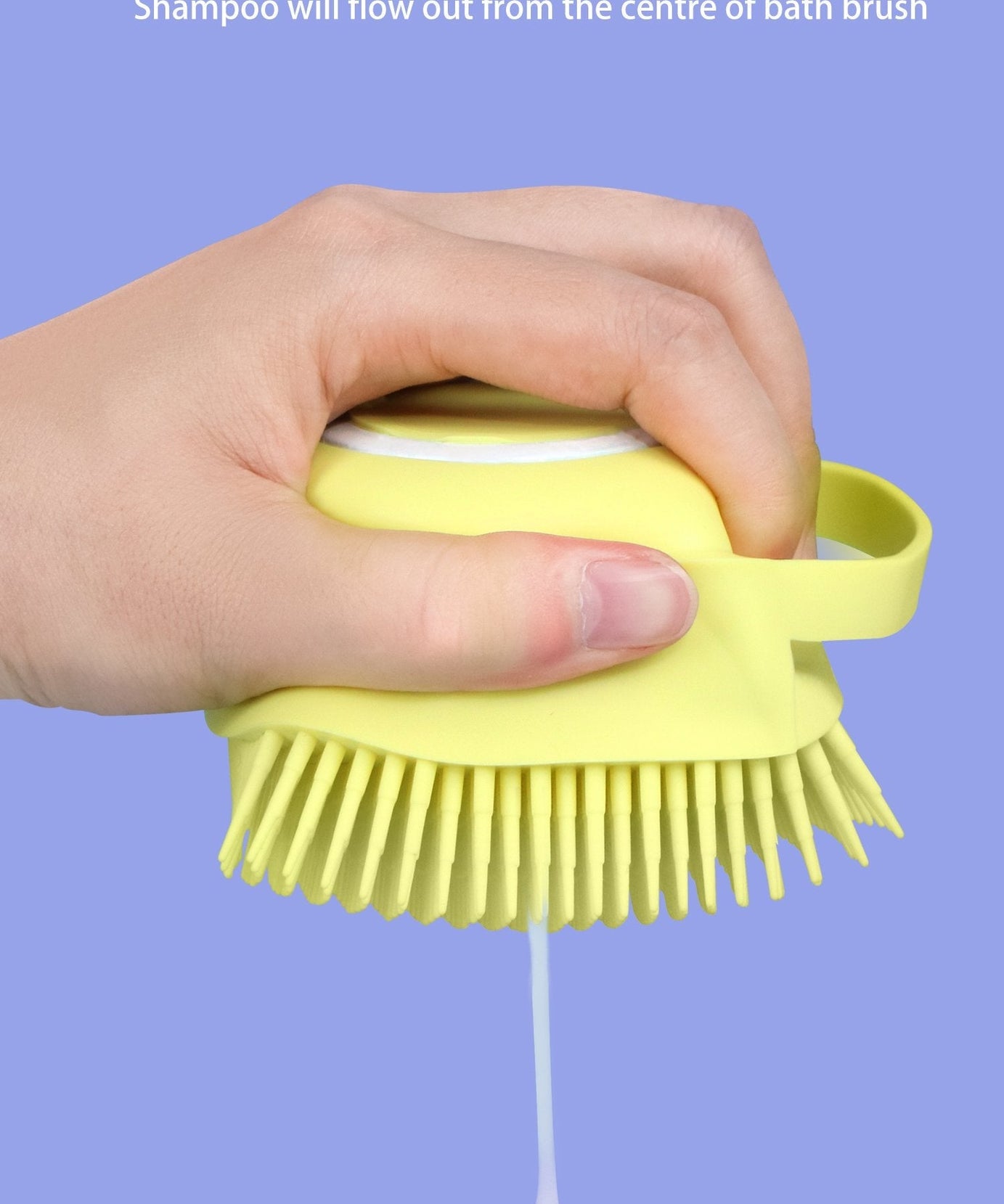 Silicone body brush with built-in shampoo dispenser for massage and bathing.