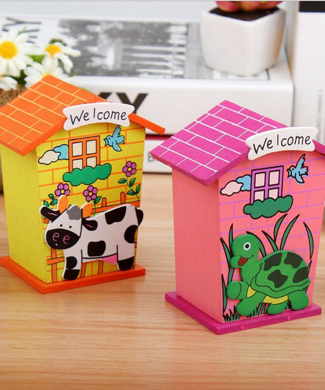 Wooden piggy bank with cute house shape