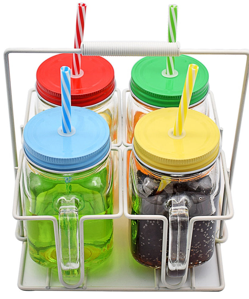 Vintage-style mason jar with straw and handle, ideal for refreshing beverages.