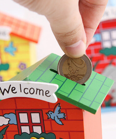 Cute wooden house piggy bank